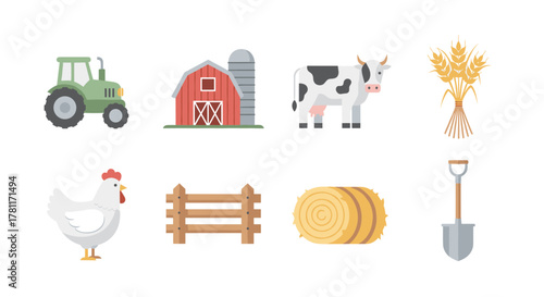 Farm elements set: tractor, barn, cow, wheat, chicken, fence, hay, shovel