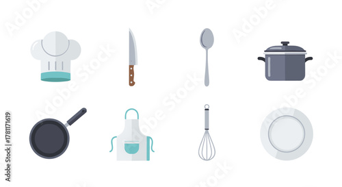 Flat kitchen tools set: chef hat, knife, utensils, cookware, tableware icons