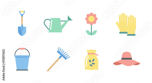 Flat gardening tools and accessories set for hobbies and outdoor activities