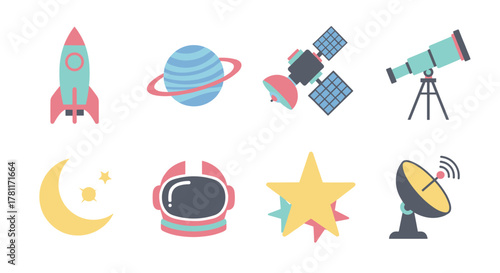 Space exploration icons: rocket, telescope, astronaut, moon, satellite, planet, star