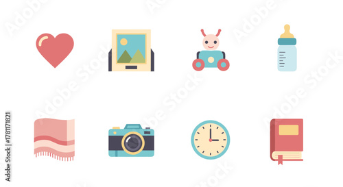 Flat design icons: heart, art frame, toy car, baby bottle, blanket, camera, clock, book