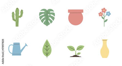 Minimalist plant icons: cactus, leaves, potted plants, and gardening tools