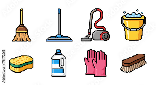 Pixel art cleaning tools set: broom, mop, vacuum, bucket, sponge, detergent, gloves, brush
