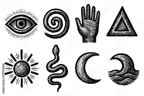 Mystical hand-drawn symbols: eye, serpent, crescent moon, and sun in vintage style