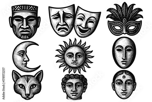 Vintage black and white mask and face designs featuring theatrical, tribal, and celestial themes