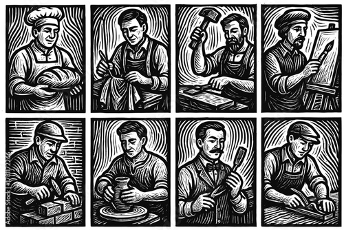Vintage woodcut art of traditional craftsmen at work