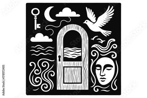 Surreal black and white dreamscape with door, key, and flying bird