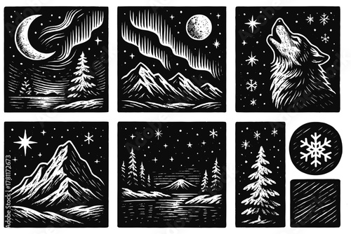 Rustic night scene collection: nature, moon, stars, and wolf in vintage style