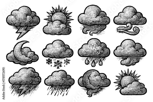 Vintage weather icons: hand drawn clouds with sun, rain, and wind
