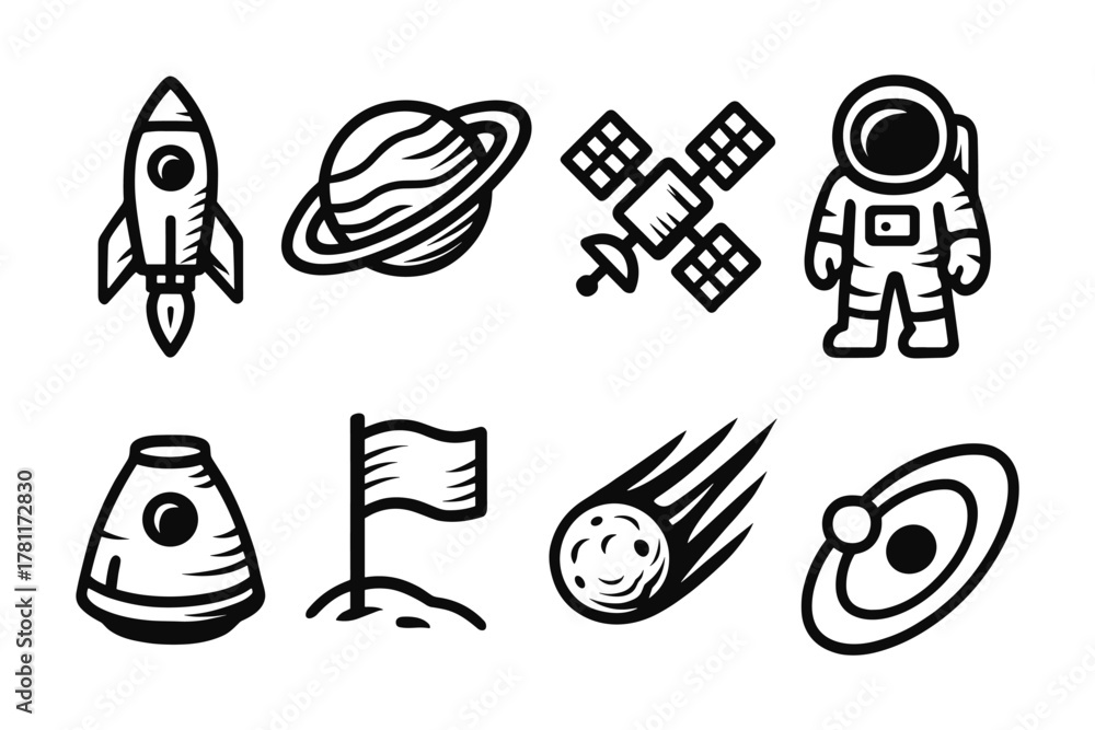 Fototapeta premium Space icons set featuring planets, rocket, astronaut, satellite, comet, flag