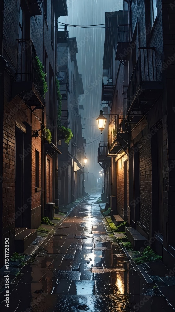 Fototapeta premium Rainy Alley at Night with Warm Street Light and Reflections
