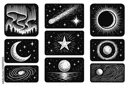 Cosmic celestial elements featuring moons, stars, and galaxies in hand drawn style