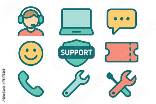 Customer service and support icons for modern communication and assistance