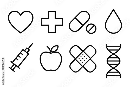 Healthcare icons set: linear style medical symbols with heart, pill, and syringe