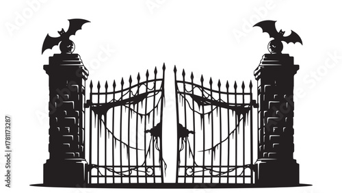 Ornate wrought iron gate with stone pillars and bat decorations Keywords: gate, iron gate