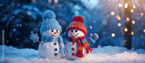 little knitted snowmans on soft snow on blue background
