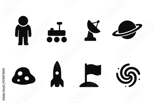 Space icon set featuring rocket, planet, rover, and more in silhouette style