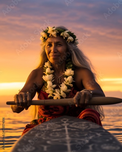 Hawaiian woman paddling outrigger canoe at sunset, wearing lei and flower crown