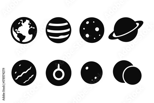 Minimalist planet icons set: solar system silhouettes for innovative design