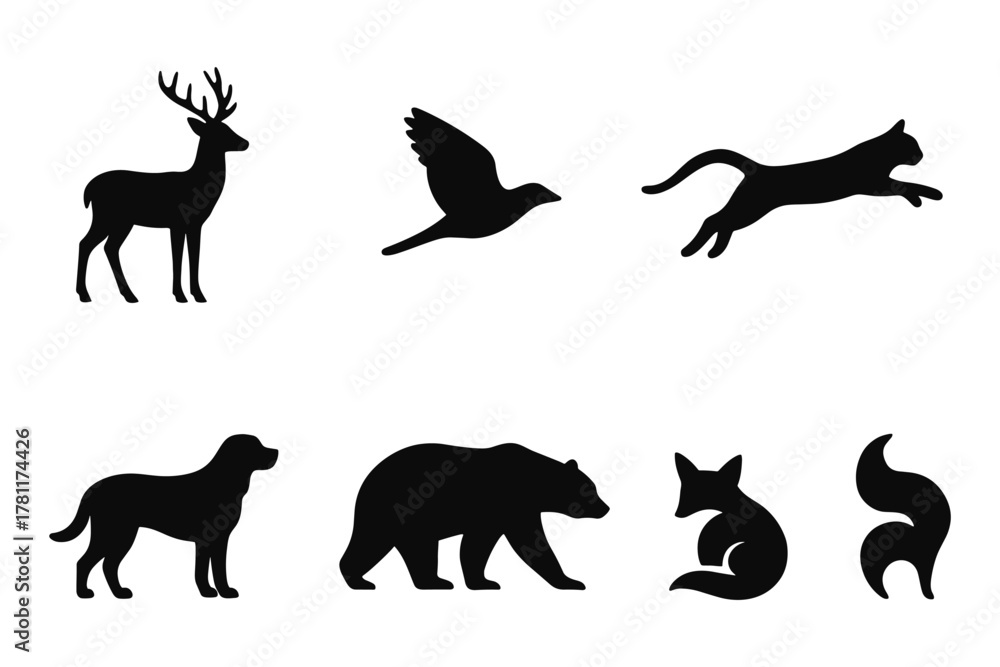 Obraz premium Wildlife silhouette set featuring deer, bird, fox, and more in black