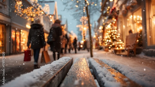 snowy street scene decorated for christmas