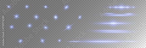 Glow isolated white transparent light effect set: lens flare, explosion, glitter, line, sun flash, spark, and stars. Abstract special effect element design.