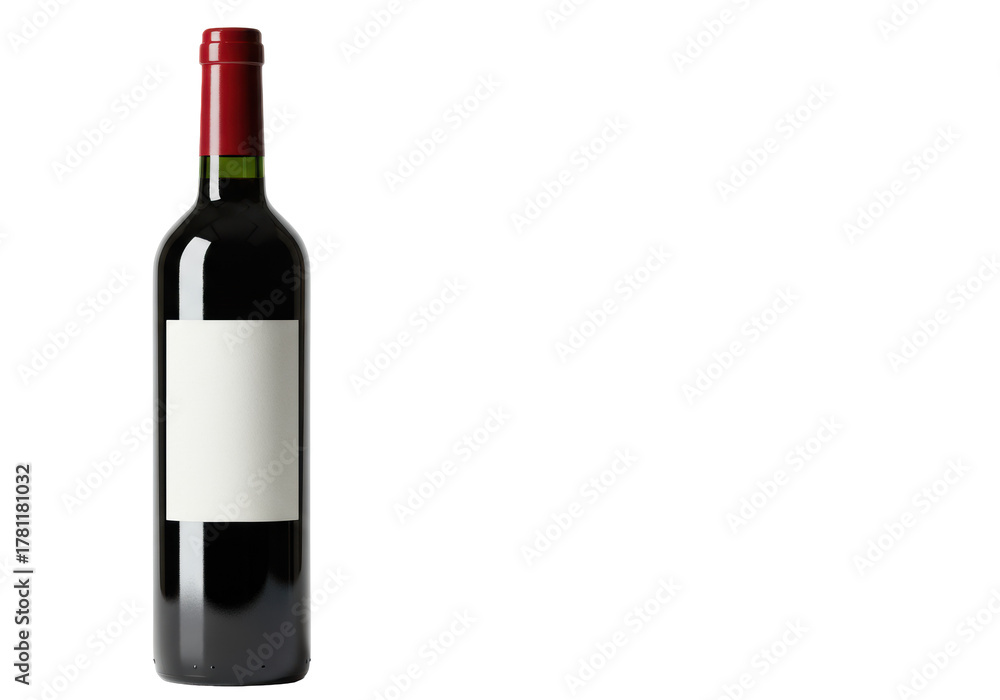 Fototapeta premium Elegant red wine bottle in deep dark green bordeaux glass with blank white label and glossy deep red foil cap on transparent background with copy space, concept for premium product advertising