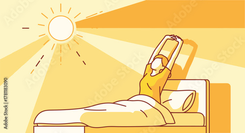 A woman stretching in bed bathed in the warm morning sunlight