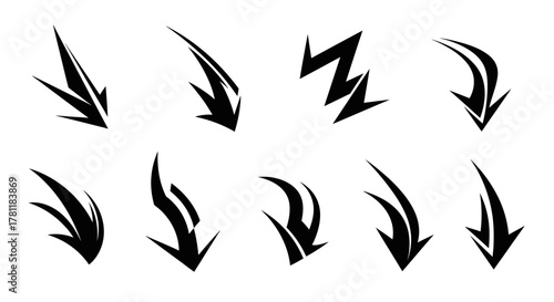 A collection of ten stylized black arrow icons with sharp, dynamic designs, pointing downwards.