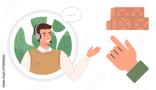 Male customer service agent wearing headset explains shipping details with pointing hand gesture and stacked boxes. Ideal for customer support, logistics, e-commerce, communication, remote