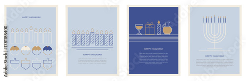 Happy Hanukkah postcard and banners. Composition of simple traditional jewish line icons in minimalist style. Cards with Menorah, Dreidel