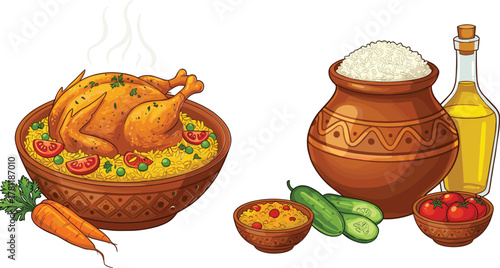 Delicious roasted chicken on rice, fresh vegetables, carrots, cucumbers, tomatoes, cooking oil bottle, clay pot rice, traditional food illustration artwork