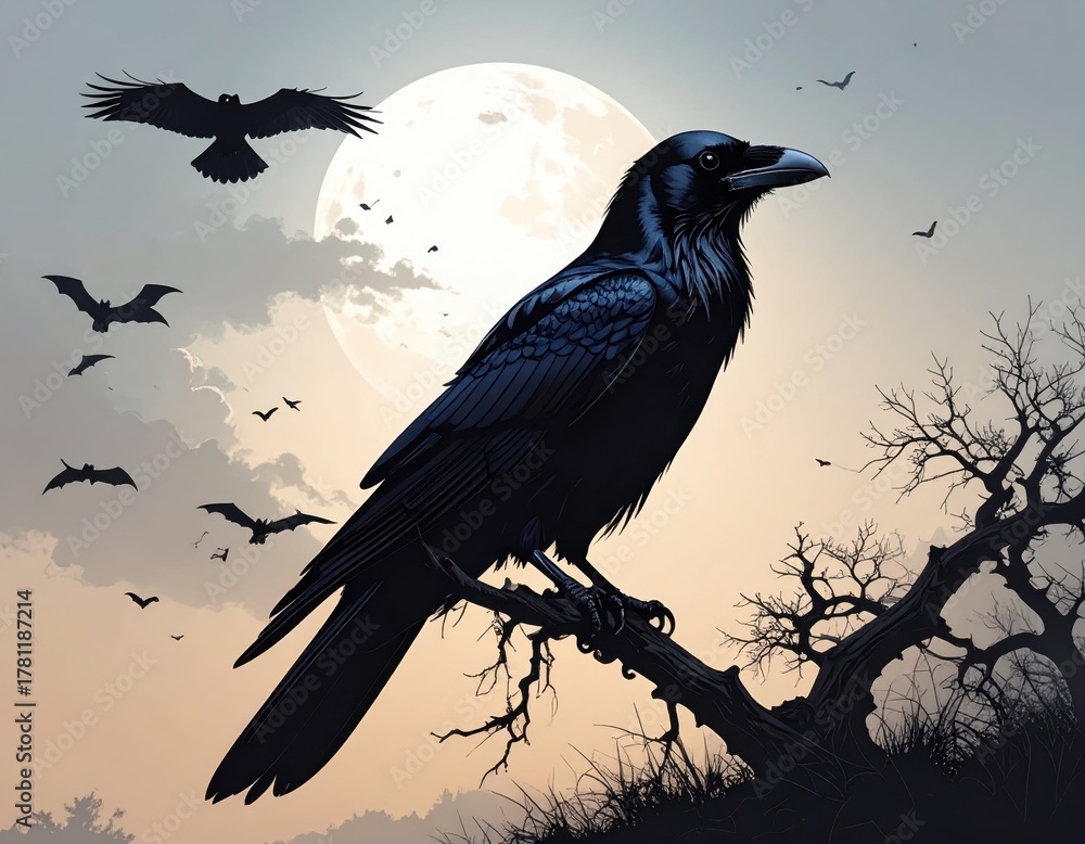 Naklejka premium Dark Raven Perched on Branch Under Full Moon with Bats Flying