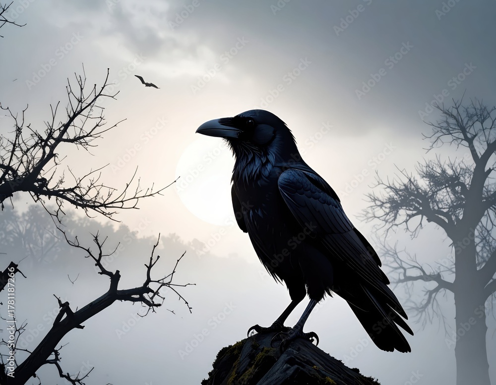 Naklejka premium Majestic Raven Silhouette Against Mysterious Foggy Landscape