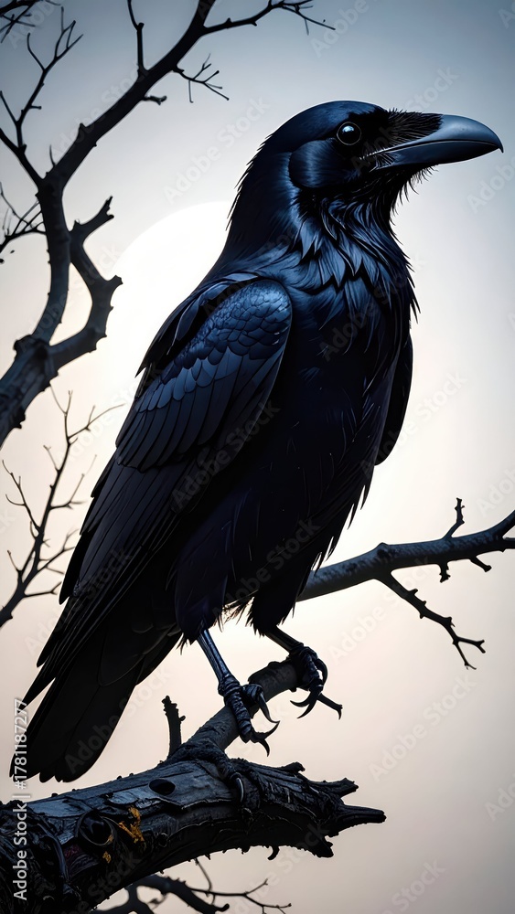 Naklejka premium Majestic Black Raven Perched on a Gnarled Branch Against Sunset