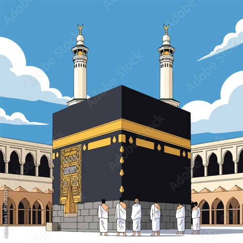 Kaaba in mecca with pilgrims during hajj