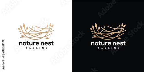 Natural bird nest design concept with leaves. Nest logo template made with lines.	
