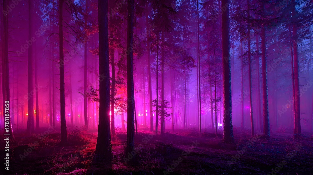 Obraz premium Tall forest trees illuminated dramatically by vibrant magenta and violet atmospheric lighting