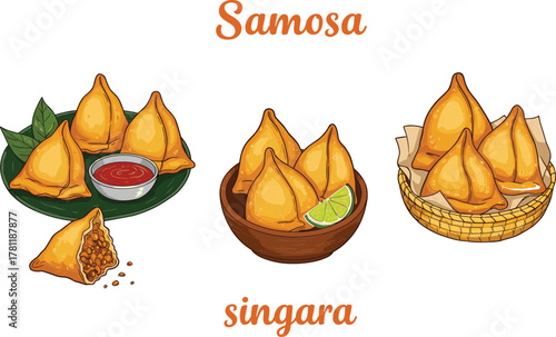 Tasty samosa singara illustration, traditional fried snacks, spicy chutney serving, basket and bowl presentation, delicious street food artwork, tasty cuisine