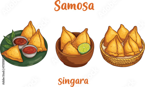 Traditional samosa and singara illustration, crispy fried street snacks, chutney bowls, lime garnish, delicious Indian food artwork, cultural cuisine presentation