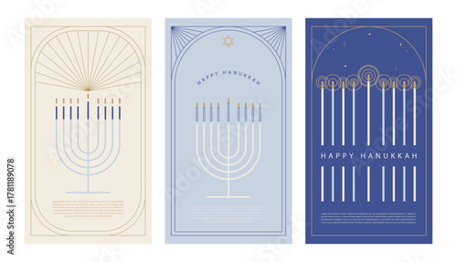 Happy Hanukkah postcard and banners. Composition of simple traditional Jewish Menorah s in minimalist style. Art Deco frames minimalist collection. Elegant luxury borders and frames.