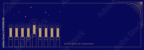 Happy Hanukkah illustration, Jewish Festival of Lights traditional holiday background in line minimal style.