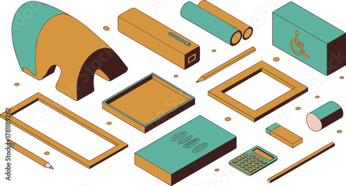 Isometric office stationery, desk supplies, calculator, pencils, eraser, notebook, ruler, workspace organization, office equipment, business tools illustration