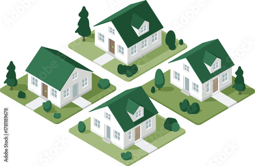 Isometric suburban houses, modern residential neighborhood, family homes, real estate illustration, architecture design, green roofs, eco-friendly housing, property development