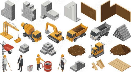 Construction site equipment and materials, heavy machinery, building tools, workers, dump trucks, excavators, concrete mixer, architecture concept, civil engineering, industrial construction process
