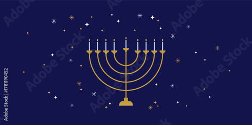 Happy Hanukkah banner, Jewish Festival of Lights traditional holiday background in line minimal style. Composition of simple traditional jewish line icons.