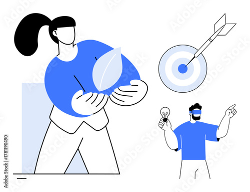 Woman nurturing a leaf, man with lightbulb and target with arrow. Ideal for teamwork, innovation, sustainability, goal setting, strategy, environmental awareness leadership. A simple flat metaphor