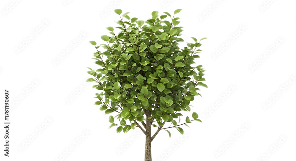 Fototapeta premium A single small tree with green leaves and a brown trunk isolated on a black background in a studio shot