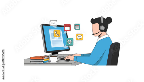 Remote office assistant at computer customer service, messaging, tasks flat vector illustration
