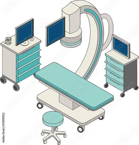 Modern hospital operating room equipment, medical technology setup, surgical table with monitors, healthcare interior design, advanced diagnostic machine, clean and sterile workspace